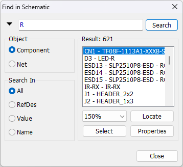Find in Schematic dialog: search field with Search button, Object radio buttons (Component/Net), Search In radio buttons (All/RefDes/Value/Name), Results list with match count, zoom percentage field, Locate/Select/Properties/Close buttons