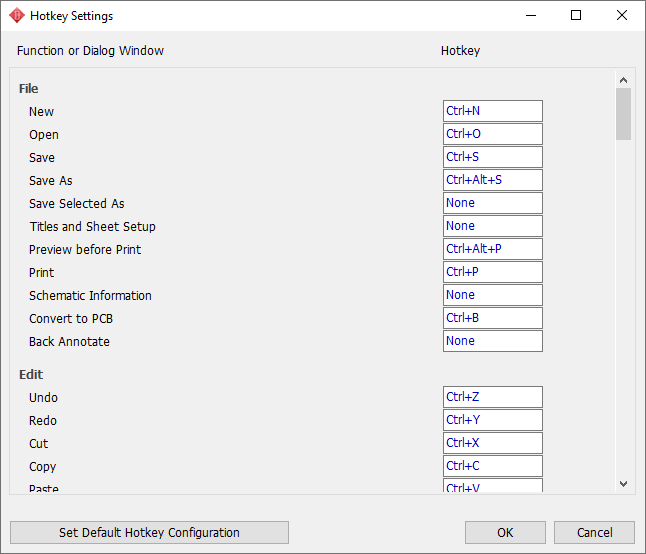 Hotkey Settings dialog: Function or Dialog Window list (File and Edit menu commands) each with an assignable hotkey field, Set Default Hotkey Configuration button, OK/Cancel