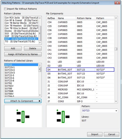 Attaching Patterns dialog (KiCad import): Import File Without Patterns checkbox, Pattern Libraries tree, File Components table (RefDes, Name, Pattern Name, Pattern), Add/Delete/Assign All Patterns by Names buttons, Patterns of Selected Library list, footprint preview thumbnails, Attach to Component button, Import/Cancel buttons