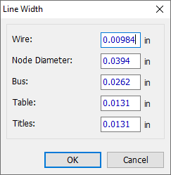 Line Width dialog: Wire, Node Diameter, Bus, Table, Titles width fields, OK/Cancel