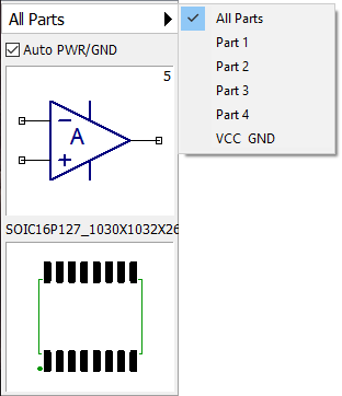 All Parts drop-down menu showing part selection list (All Parts, Part 1-4, VCC_GND) with Auto PWR/GND checkbox, next to a schematic op-amp symbol and its footprint preview