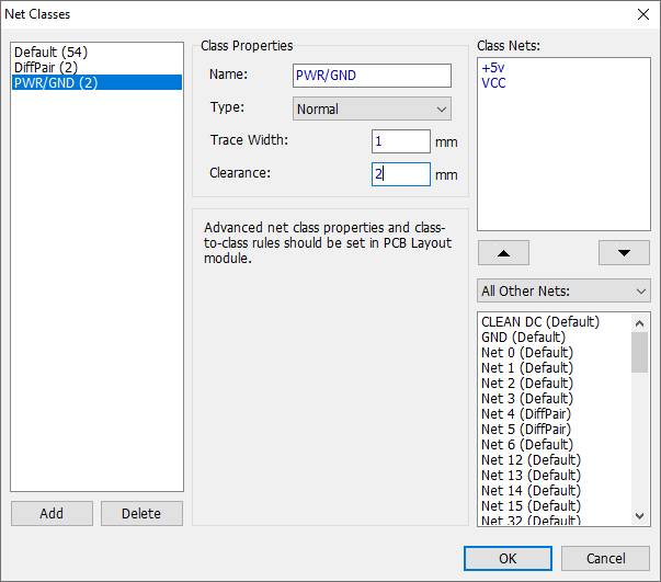 Net Classes dialog: net class list, Class Properties Name/Type/Trace Width/Clearance fields, note that advanced net class rules should be set in PCB Layout, Class Nets and All Other Nets lists, Add/Delete buttons, OK/Cancel