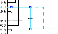 Schematic close-up of net wires being edited near IC pins, showing selection handles and a dashed rubber-band selection box