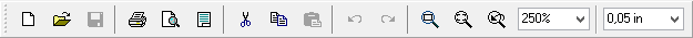 Standard toolbar: New/Open/Save file, Print, Cut/Copy/Paste, Undo/Redo, zoom in/out controls, zoom percentage and grid size selectors