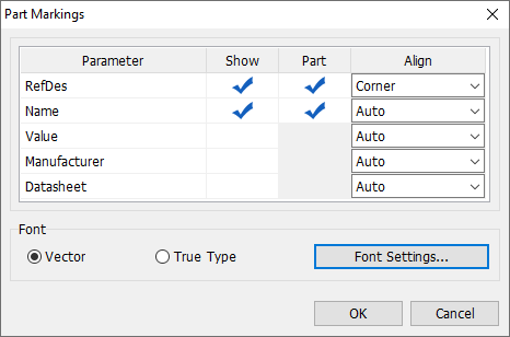 Part Markings dialog: table of markings (RefDes, Name, Value, Manufacturer, Datasheet) with Show/Part/Align columns, Font type radio buttons (Vector/True Type), Font Settings button, OK/Cancel