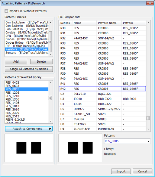 Attaching Patterns dialog (P-CAD ASCII import): Import File Without Patterns checkbox, Pattern Libraries tree, File Components table (RefDes, Name, Pattern Name, Pattern), Add/Delete/Assign All Patterns by Names buttons, Patterns of Selected Library list, footprint preview thumbnails, Attach to Component button, Import/Cancel buttons
