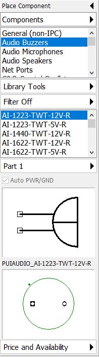 Place Component panel: Components tree by category (General, Audio Buzzers, Audio Microphones, Audio Speakers, Net Ports), Library Tools menu, Filter Off toggle, matching parts list, Auto PWR/GND checkbox, symbol preview, pattern preview, Price and Availability link