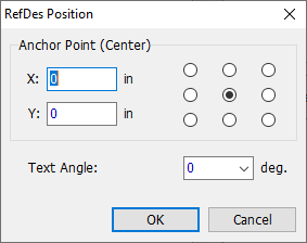 RefDes Position dialog: Anchor Point (Center) selector grid, X/Y position fields, Text Angle field, OK/Cancel