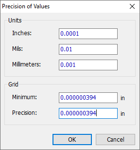 Precision of Values dialog: Units section with Inches/Mils/Millimeters precision fields, Grid section with Minimum and Precision fields, OK/Cancel