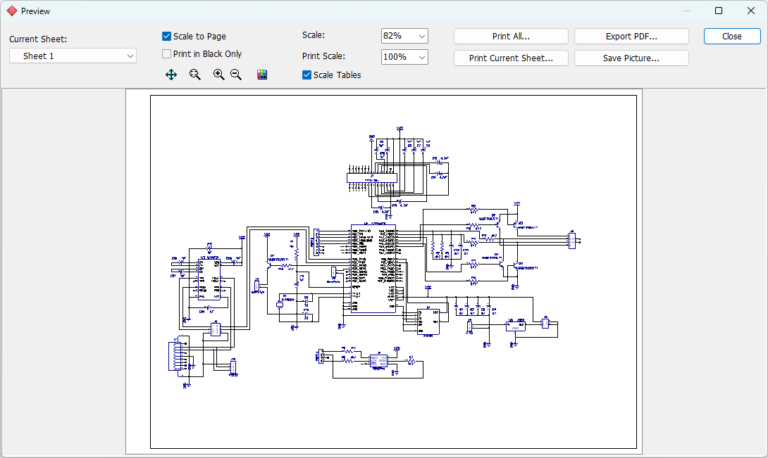 Print Preview window: Current Sheet dropdown, Scale to Page/Print in Black Only checkboxes, Font/Scale/Print Full Sheet options, Scale Tables checkbox, board/schematic preview, Print All/Export PDF/Save Picture/Close buttons