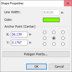 Shape Properties dialog for a polygon: Line Width and Color, Anchor Point selector grid, X/Y position, Polygon Points button, OK/Cancel
