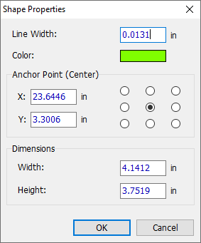 Shape Properties dialog for a rectangle: Line Width and Color, Anchor Point selector grid, X/Y position, Width/Height dimensions, OK/Cancel