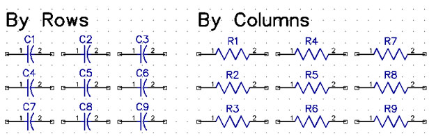 Diagram comparing RefDes renumbering By Rows (C1-C9 left to right, top to bottom) versus By Columns (R1-R9 top to bottom, left to right) for a 3x3 component grid