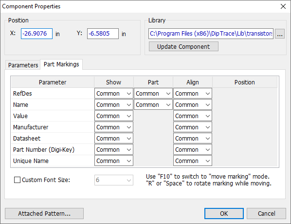 Component Properties dialog, Part Markings tab: Position field, Library path with Update Component button, table of markings (RefDes, Name, Value, Manufacturer, Datasheet, Part Number, Unique Name) with Show/Part/Align/Position columns, Custom Font Size checkbox, hint about F10/R/Space marking-move hotkeys, Attached Pattern/OK/Cancel buttons
