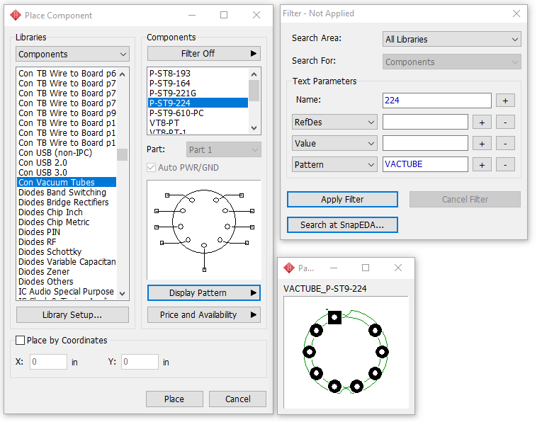 Place Component dialog: Libraries and Components list panes, Filter Off toggle, Filter - Not Applied panel with Search Area/Search For/Text Parameters, symbol preview with pin numbers, Part dropdown, Display Pattern button, Library Setup/Price and Availability buttons, Place by Coordinates checkbox with X/Y fields, Place/Cancel