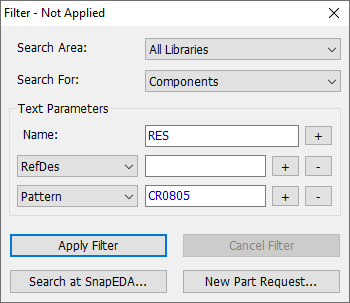 Filter - Not Applied dialog: Search Area dropdown (All Libraries), Search For dropdown (Components), Text Parameters (Name, RefDes, Pattern fields with add/remove buttons), Apply Filter/Cancel Filter buttons, Search at SnapEDA/New Part Request buttons