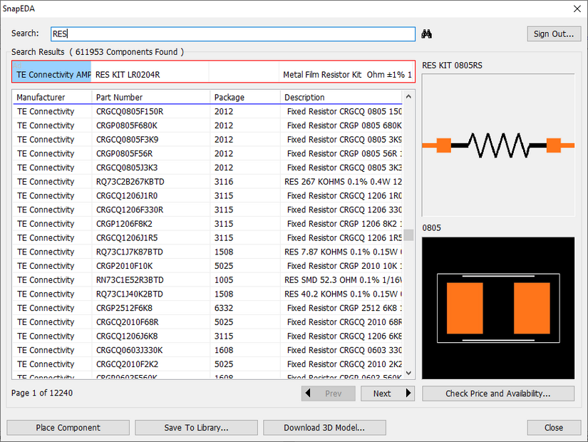 SnapEDA component search window: sign-in status, search bar, results table with Manufacturer/Part Number/Package/Description columns and match count, schematic symbol and footprint preview, Place Component/Save To Library/Download 3D Model/Check Price and Availability/Close buttons