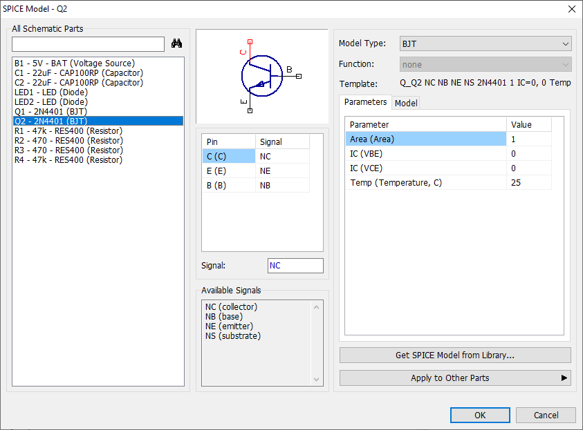SPICE Model dialog: All Schematic Parts tree, Model Type and Function dropdowns, Template field, schematic pin/signal diagram, Parameters table (Parameter/Value), Signal mapping and Available Signals list, Get SPICE Model from Library and Apply to Other Parts buttons, OK/Cancel