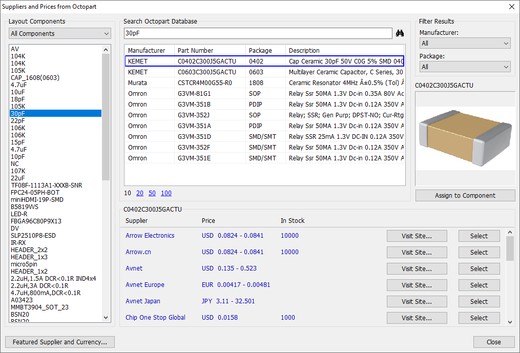 Suppliers and Prices from Octopart dialog: Launch Components list, Search Octopart Database field, Filter Results (Manufacturer, Package), results table (Manufacturer, Part Number, Package, Description) with footprint preview, pricing table by supplier (Price, In Stock, Visit Site, Select), Assign to Component/Featured Supplier and Currency buttons, Close